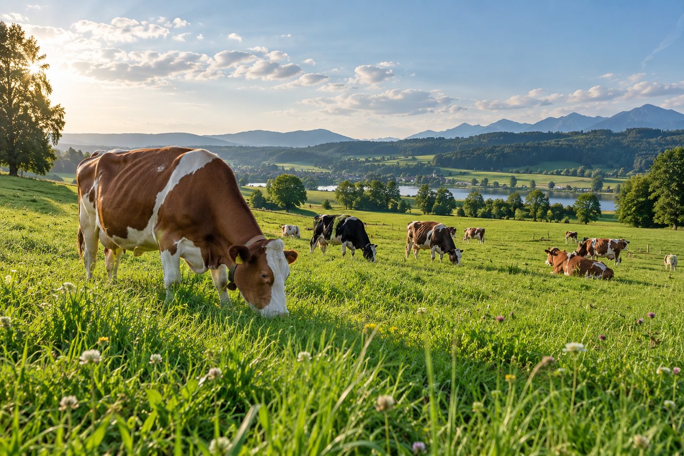 Kühe auf grüner Weide mit Bergen
